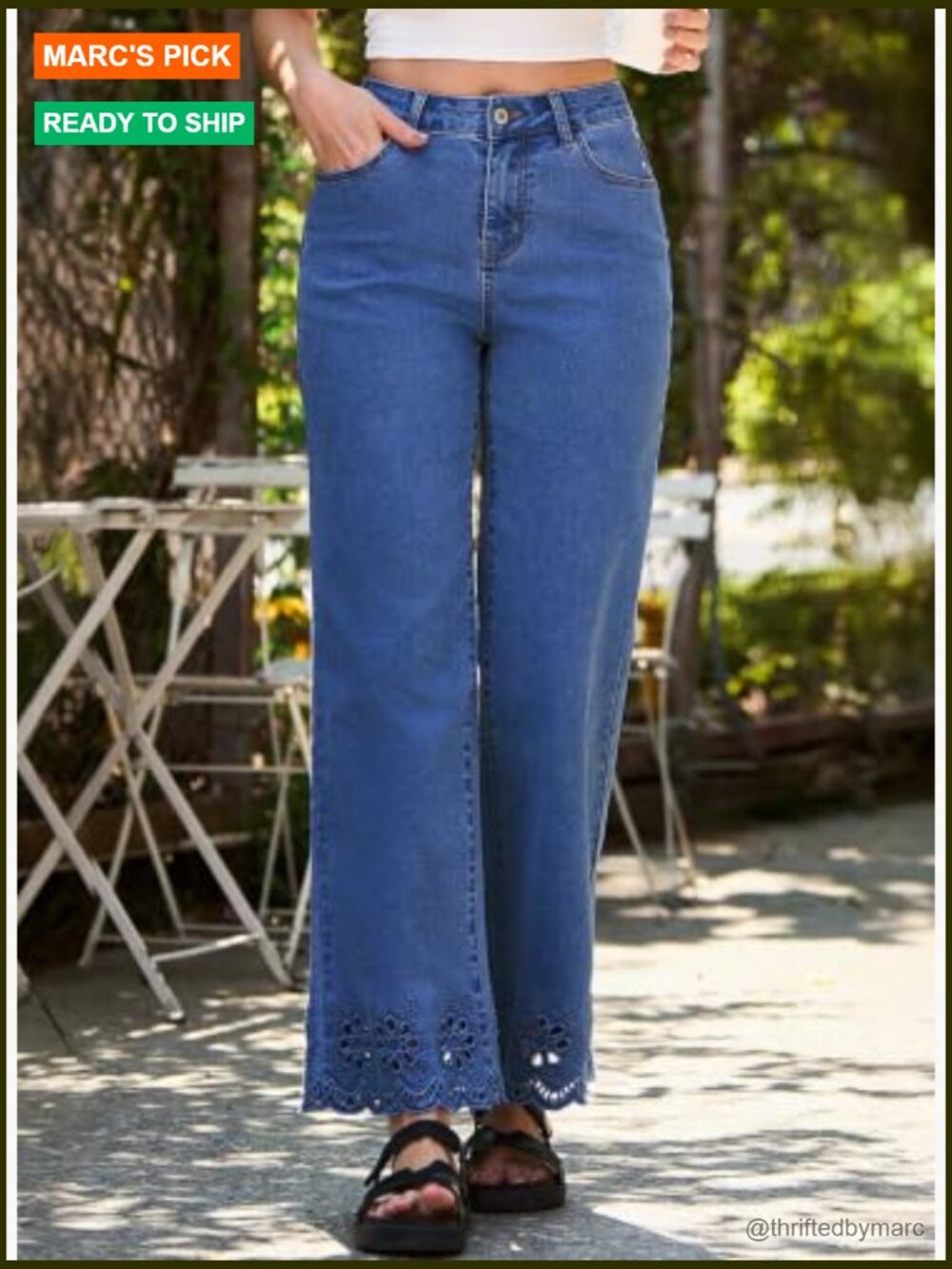 Wide Leg Embroidered Jeans High Waisted Stretchy Straight Loose Fit Ankle Denim - Picture 6 of 7